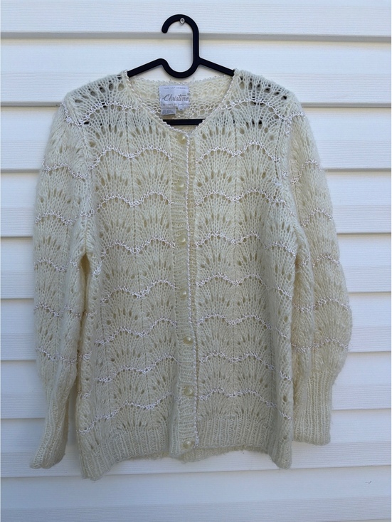 Sweaters - Christine Women's Size M Ivory Hand Knit Wool Blend Pearl Beaded Cardigan